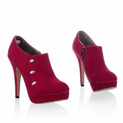 Botas Women Ankle Boots Thin Heels Zip Black Red..