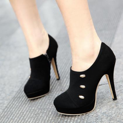 Botas Women Ankle Boots Thin Heels Zip Black Red..