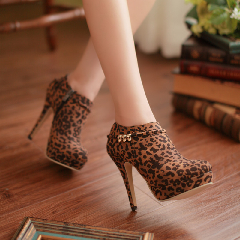 Fashion Sexy High Heel Black Leopard Zip Stilettos Ankle Boots